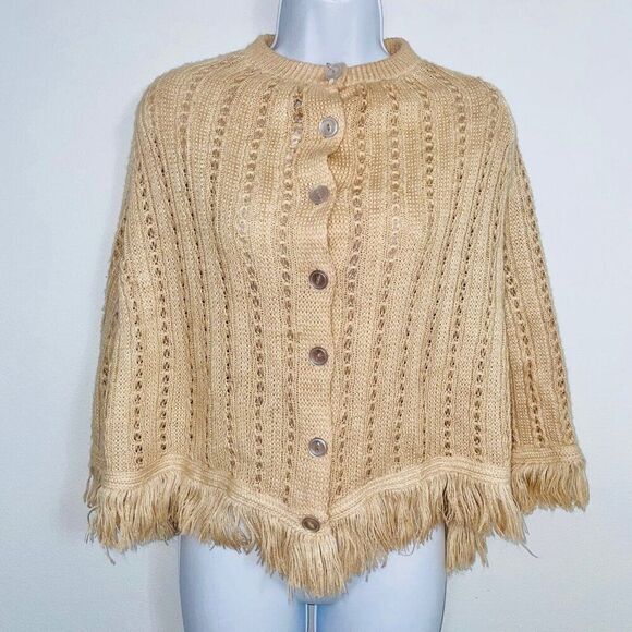 Womens Sweater Poncho OS Beige Sleeveless Cable Knit Fringe One Size - Picture 2 of 9